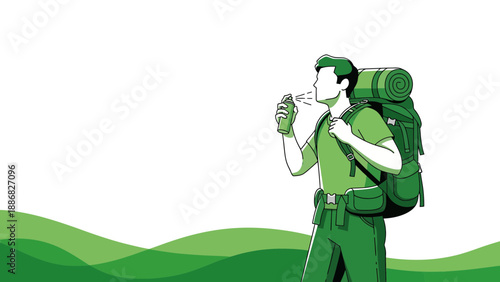 Preventative Measures: Hiker Applying Insect Repellent Spray in a Wilderness Setting