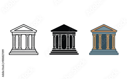 Three stylized illustrations of classical buildings with columns and pediments.