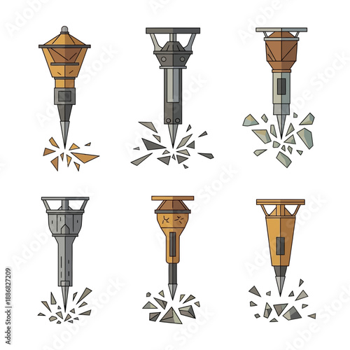 Professional Jackhammer Demolition Tools Icons Collection Breaking Concrete Line Art Vector Set
