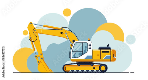 Powerful Yellow Excavator Machine Icon Construction Site Equipment Vector Graphic