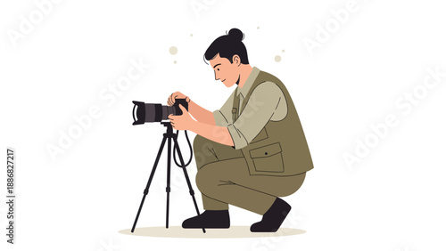 Professional Photographer Adjusting Settings On Camera During Outdoor Photo Shoot