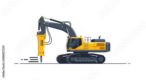 Powerful Yellow Excavator With Hydraulic Hammer Breaking Ground On A Construction Site