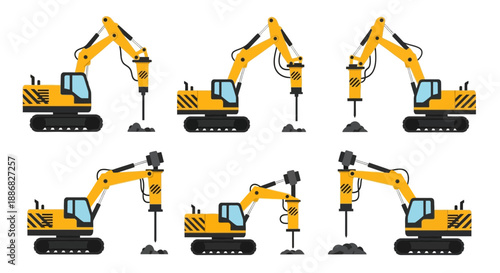 Powerful Yellow Excavators Equipped With Hydraulic Hammers For Demolition And Construction Projects