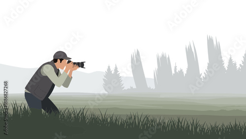 Professional Photographer Capturing Nature In Remote Location During Cloudy Day