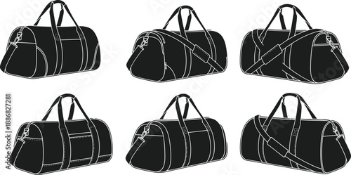 Travel duffel bag silhouettes set, sports gym and weekend luggage collection, black carry on bags vector illustration isolated on white background design