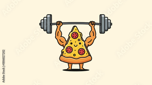 Cartoon Pizza Slice Character Lifting Weights in Simple Style