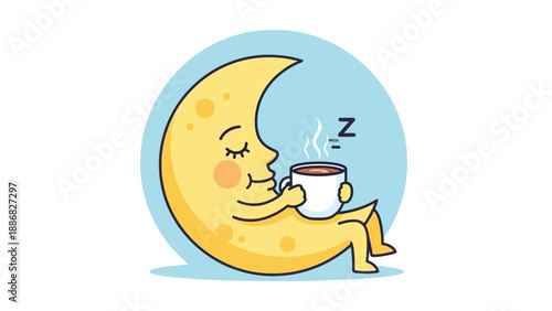 Crescent Moon Character Drinking Coffee and Sleeping Peacefully