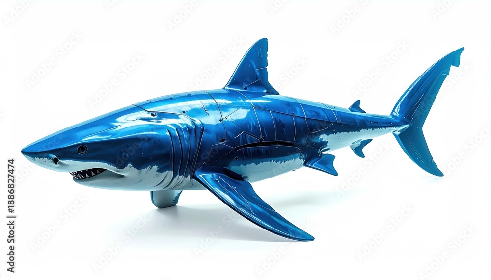 Fototapeta premium Blue Shark Toy on White Background.
