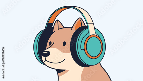 Cartoon Dog Wearing Headphones and Listening to Music