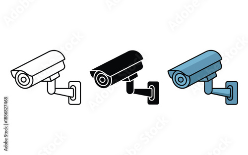 A security camera is mounted on a wall in three different styles: outline, silhouette, and color.