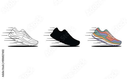 Three athletic shoes are depicted in motion with speed lines.
