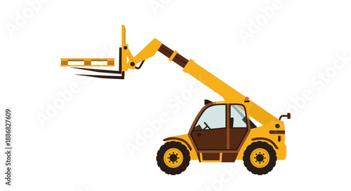 Powerful Yellow Telehandler With Extended Boom Lifting Pallet Industrial Machine Vector