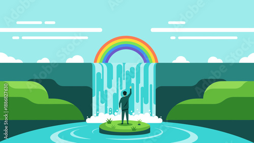 Pursuit Of Dreams Man Reaching For Rainbow At A Waterfall Landscape