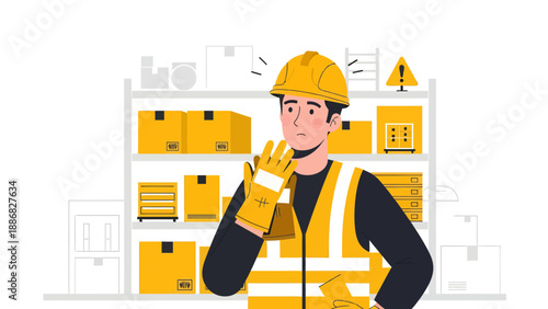 Puzzled Warehouse Worker Inspecting Protective Gloves For Quality Standards Compliance