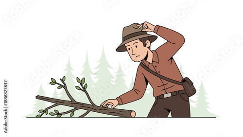 Puzzled Explorer Inspecting Fallen Tree Branch in Forest Setting Character