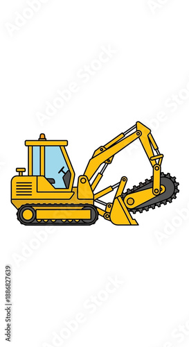 Powerful Yellow Trackhoe And Trencher Vehicle On Construction Site Design