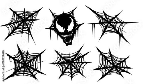 Venom Style Halloween Spider Web Sketch Vector Illustration Set