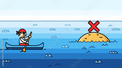 Quest For Treasure Island Depicts Cartoonish Pirate Rowing Away Disappointed