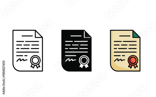 Three stylized icons of a document with a seal and text are displayed.