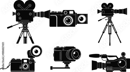 Vintage and modern camera silhouettes set, film movie and video recording equipment collection, black cinematography photography vector illustration isolated on white background design