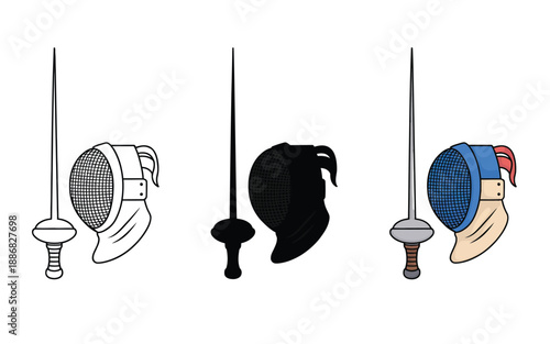 Three fencing foils and masks are depicted in different artistic styles.
