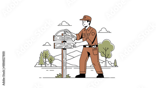 Ranger Adjusting Directional Sign In Nature Landscape Illustration