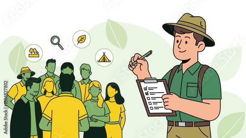 Ranger Briefing Group During Educational Eco Tour Adventure Or Environmental Survey