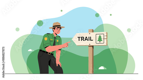 Ranger Directing Towards Nature Trail Adventure With Forest Backdrop