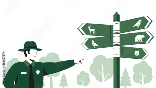 Ranger Directing Visitors In National Park By Sign With Animal Silhouettes