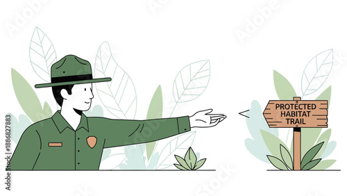 Ranger Directing Visitors Towards A Protected Habitat Trail In The Forest