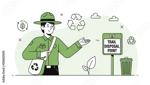 Ranger Guiding To Trail Disposal Point Encouraging Eco Friendly Practices In Nature
