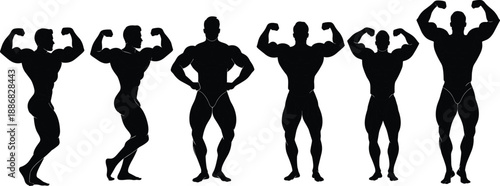 Collection of professional male bodybuilder silhouettes featuring athletes in various muscular posing routines including double biceps and front lat spread isolated on white background