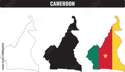 Different shapes of Cameroon shown in outline and colored styles for learning and map use