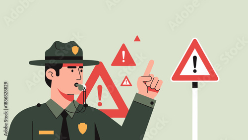 Ranger Warns About Danger With Attention And Exclamation Signs And Pointing Finger Gesture