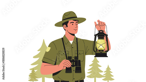 Ranger With Lantern Guiding in Forest Adventure With Binoculars And Classic Hat