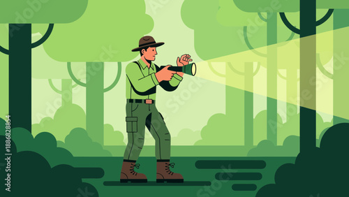 Ranger With Flashlight Patrols Forest For Wildlife Safety Vector Illustration