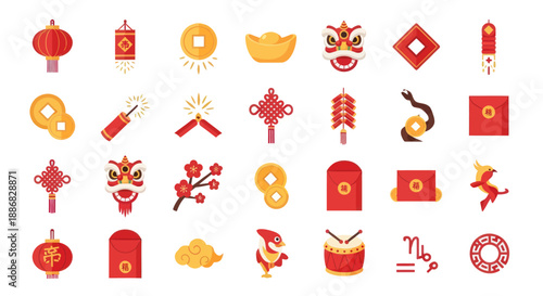 Chinese New Year Icons Set: Lanterns, Dragons, Coins, Firecrackers & Red Envelopes