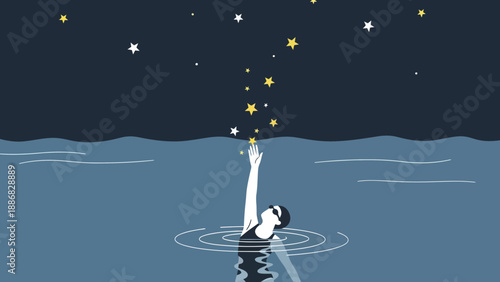 Reaching For The Stars Nighttime Swimmer In Deep Ocean Dreams Of Ambition
