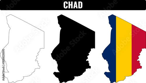 Chad shapes set showing outline, filled shape, and flag version for educational purposes