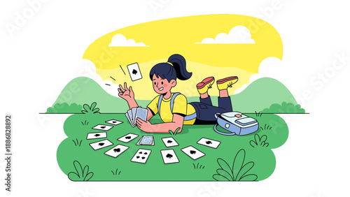 Relaxing Time With Playing Cards In A Green Meadow Illustration Cartoon