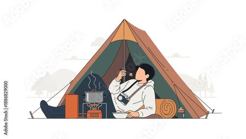 Relaxing Vacation In Nature: A Camper Eating Food Inside Tent Outdoor Scene