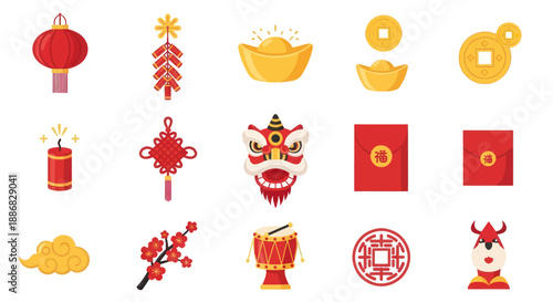 Chinese New Year Icons: Lantern, Firecrackers, Gold, Lion Dance, Red Envelopes