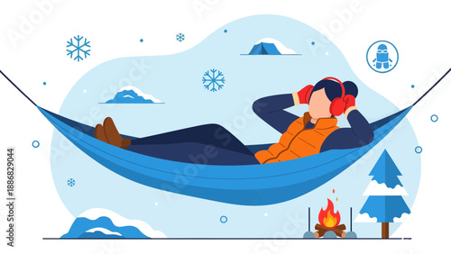 Relaxing Winter Scene Person Hammock Enjoying Fireplace Comfortable Holiday Concept