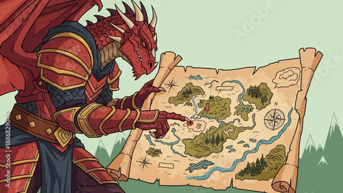 Red Dragon In Armor Points To A Destination On An Antique Map Scroll
