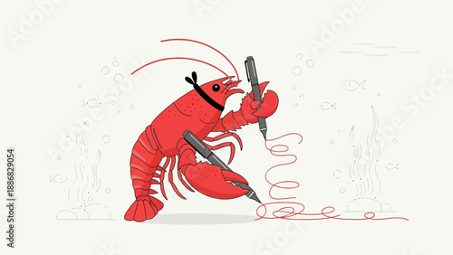 Red Lobster Cartoon Character Writing with Two Pens Underwater Illustration