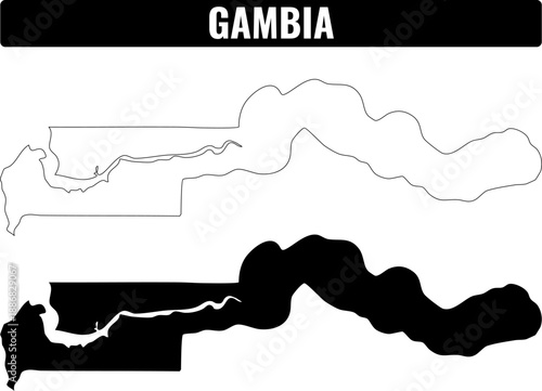 Gambia shapes set showing outline and map of Gambia with river details