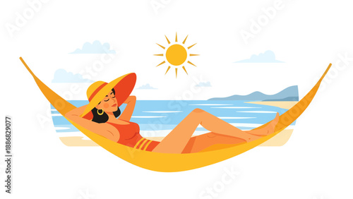 Relaxing Woman In Hammock By Beach Sunny Scene Summer Vacation