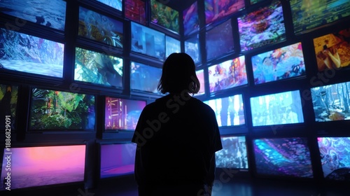 Silhouette of person in front of vibrant digital screens displaying various visuals.