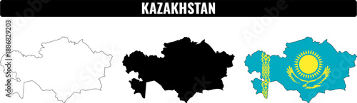 Different shapes of Kazakhstan outline with flag colors shown together on a plain background