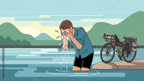 Refreshing Break On Cycling Adventure Man Washing Face In River